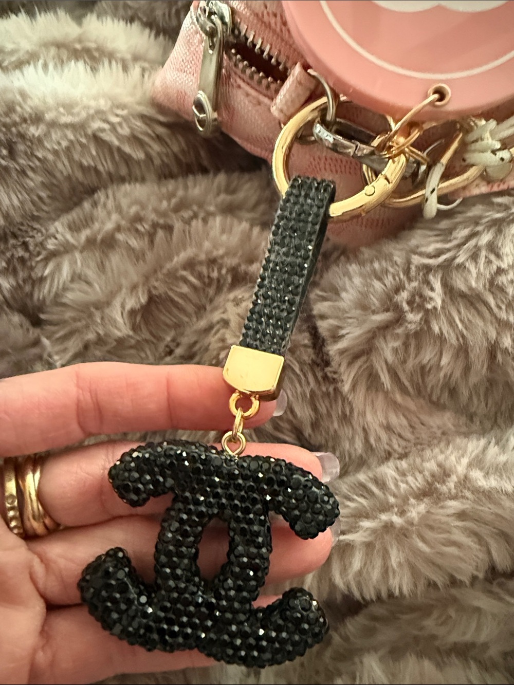 Black Crystal CC Charm Keychain with Gold Hardware 🖤🖤